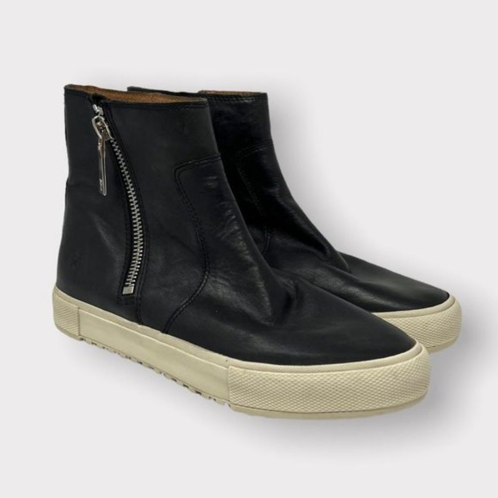 Frye Black Leather Side-Zip Ankle Booties with Cream Sole
